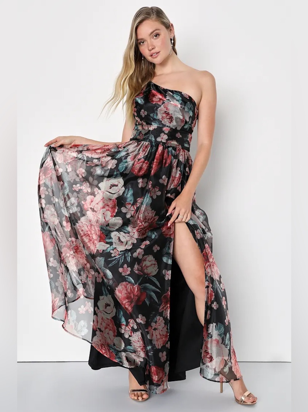 Lulus Bringing the Charm Black Floral Organza One Shoulder Gown NWT Size M
